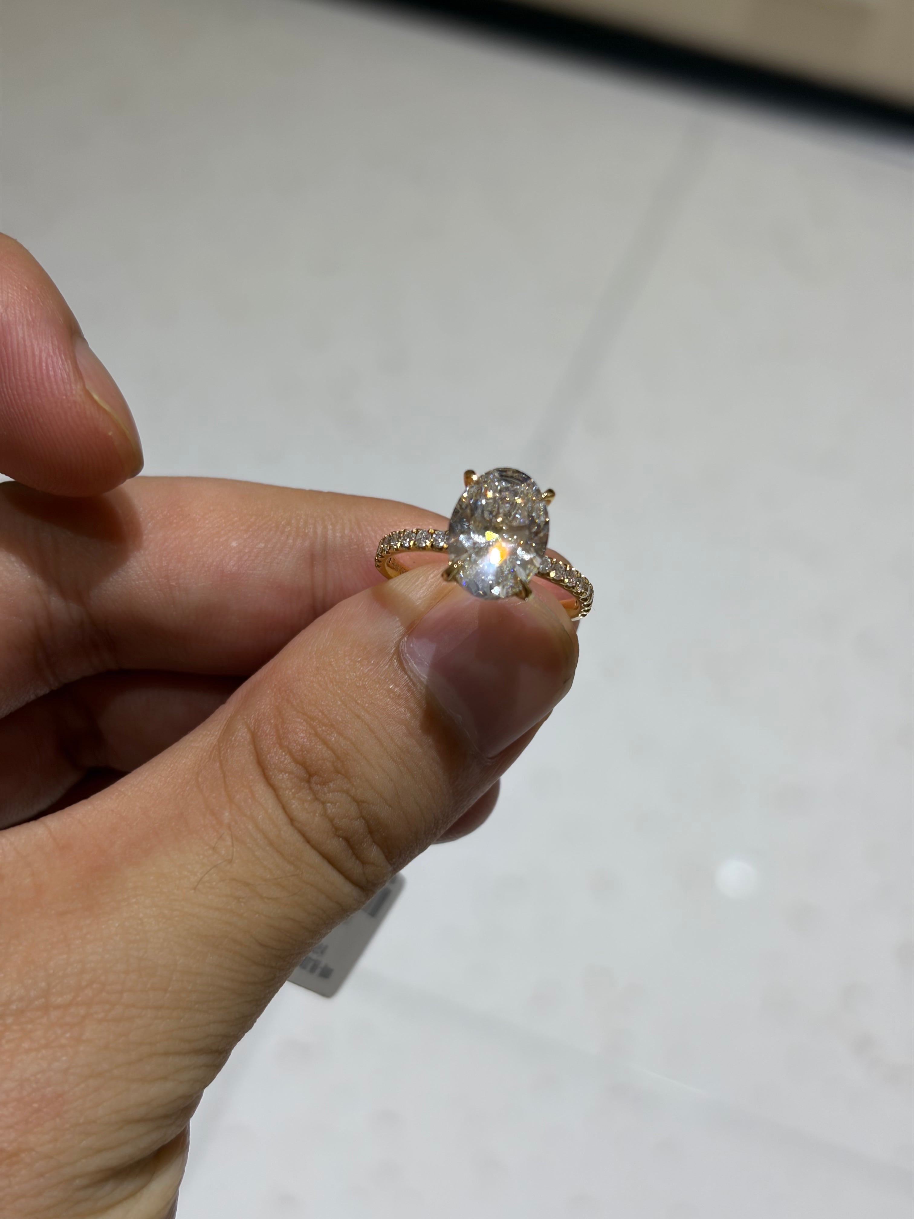 For KimberlyGuzman,Ring with Hidden halo and half pave band,18K yellow gold.Main stone 3ct