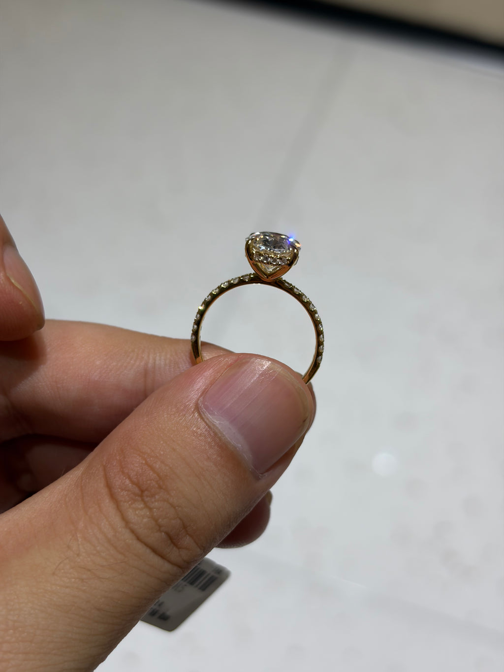 For KimberlyGuzman,Ring with Hidden halo and half pave band,18K yellow gold.Main stone 3ct